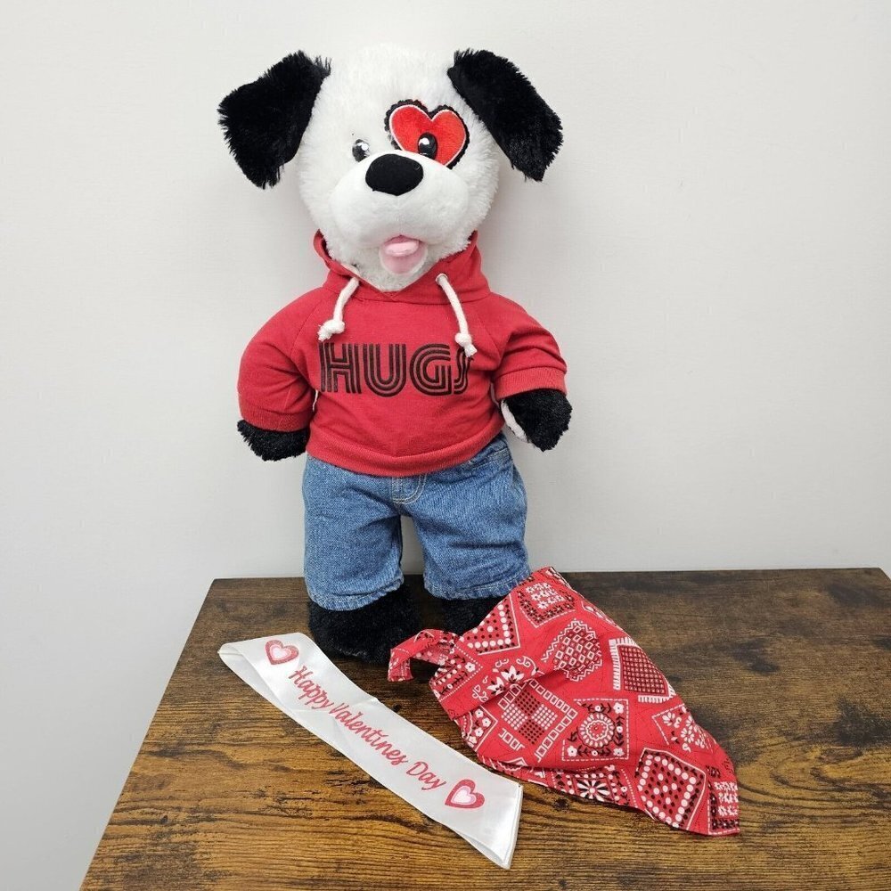 Build A Bear Puppy Plush Black White Hearts Valentine's Day With Accessories 17”